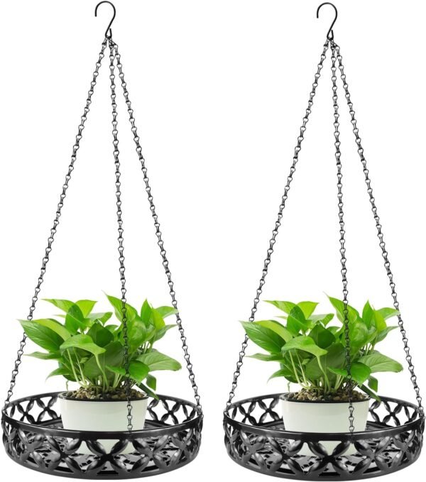 Plant Hanger, 2pcs Metal Hanging Plant Shelf Decorative Planter Flower Pots Holder with Ceiling Hook for Indoor Outdoor, Modern Plant Hanging Basket for Balcony Porch Garden Home Decor, Black