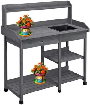 Potting Bench Table Garden Workbench Greenhouse Plastic Sink Indoor Outdoor Easy Assemble Balcony Elegant Wooden Work Planting Drawer Patio Furniture Hook Lawn Gardening Care Shelf Tools Hanging Towel