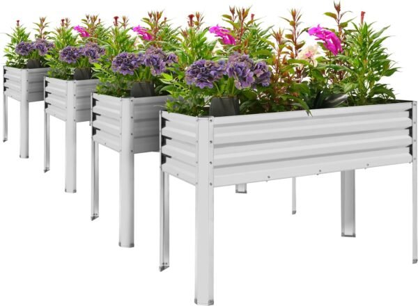 PrimeZone 4PCS Galvanized Raised Garden Bed with Legs - Metal Elevated Raised Planter Box for Vegetables Flowers Herbs, Garden Boxes Outdoor for Backyard, Balcony, Patio, 48 x 24 x 32 in, Silver