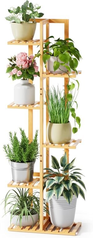 ROSSNY Plant Stand Indoor, 6 Tier 7 Potted Bamboo Plant Stands for Indoor Plants, Corner Plant Stand,Plant Shelf For Indoor, Tiered Plant Stands, Talll Indoor Plant Holder, Natural