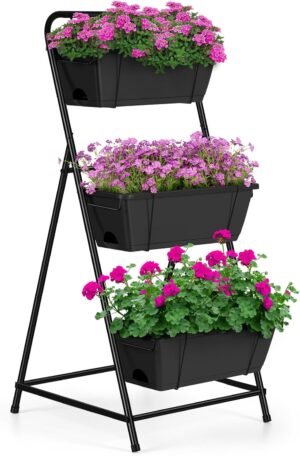 Raised Garden Bed 3 Tier Vertical Garden Planter Elevated Planter Boxes Outdoor Herb Planter with Drainage Holes Removable Tray for Patio Balcony Porch Black