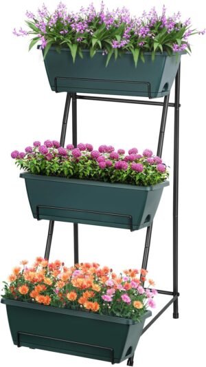 Raised Garden Bed 3 Tier Vertical Garden Planter Standing Garden Bed Planter Box Outdoor Herb Planter with Drainage Holes Removable Tray for Patio Balcony Porch Green