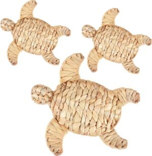 Threehoney 3 Pcs Sea Turtle Beach Theme Decor 2 Size Handmade Wicker Sea Turtle Wall Decor Hanging Coastal Nautical Sculpture Table Decor for Boho Bathroom Patio Indoor Outdoor Wall Art Ornament