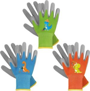 WAWSAM Kids Gardening Gloves 3 Pairs Toddlers Rubber Coated Work Gloves Children Garden Gloves Thorn Proof Heavy Duty Gloves