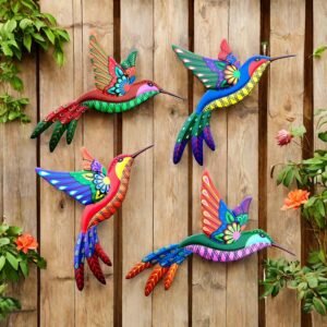 WHBIMGOOO Outdoor Metal Wall Art - 3D Metal Hummingbird Wall Decor - Fence Decorations Outdoor - Decorations for Garden Fence Backyard Bedroom Patio Living Room,Gift for Family Friends(4 Pack)