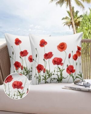 Watercolor Red Poppy Outdoor Throw Pillow Cover Garden Blossoms Flower Waterproof Cushion Covers 2 Pack Green Wild Floral Botanical Pillow Cases Home Decoration for Patio Garden Couch Sofa 18x18In