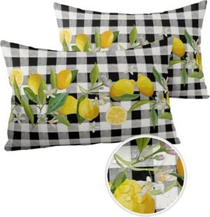 Waterproof Pillow Covers for Couch Throw Pillow Cases Set of 2, Summer Yellow Lemons Green Leaf Decorative Cushion Pillow Covers 20x12In,Indoor Outdoor Decoration Black White Buffalo Check