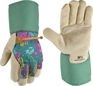 Wells Lamont Women's Botanical Print Leather Palm Pruning, Gardening Gloves, Medium (4183M)