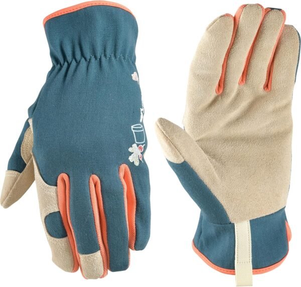 Wells Lamont Women's Leather Hybrid Slip-On Work and Gardening Gloves, Navy, Medium (4184M-400)