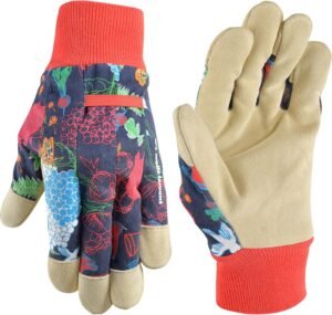 Wells Lamont Women's Leather Palm Garden Print Fabric Gardening Gloves, Navy, Medium (4180M-990)