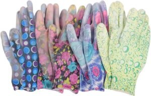 Women Garden Gloves Non-slip Nylon Waterproof Gardening Protective Work Gloves Random Colors Pack of 5 (Flower Print Style)