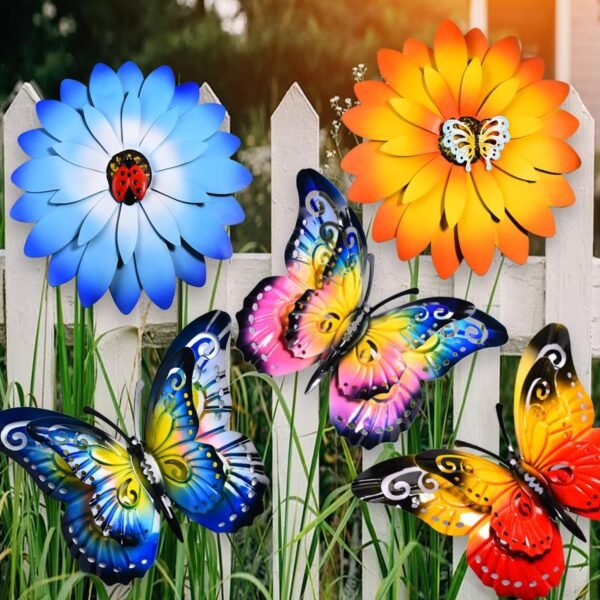 XEWEA 5PCS Metal Flower Butterfly Graden Decor for Fence(Large Size),Hanging Handmade 3D Double Wings Butterflies Flowers for Garden,Outdoor,Patio,Yard,Fence and Wall Art Sculptures Decoration, Gift