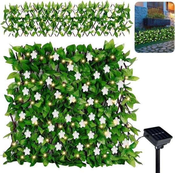 Y2H Expandable Fence Privacy Screen 30x180CM Artificial Fencing Panel with 8 Modes Solar Lights Faux Ivy Hedge Flower Fence Indoor Outdoor Decoration for Garden Patio Backyard Balcony Y2H