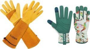 Yellow Long Cowhide Gardening Gloves Large + Women Garden Work Gloves Medium