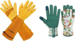 Yellow Long Cowhide Gardening Gloves Medium + Women Garden Work Gloves Medium