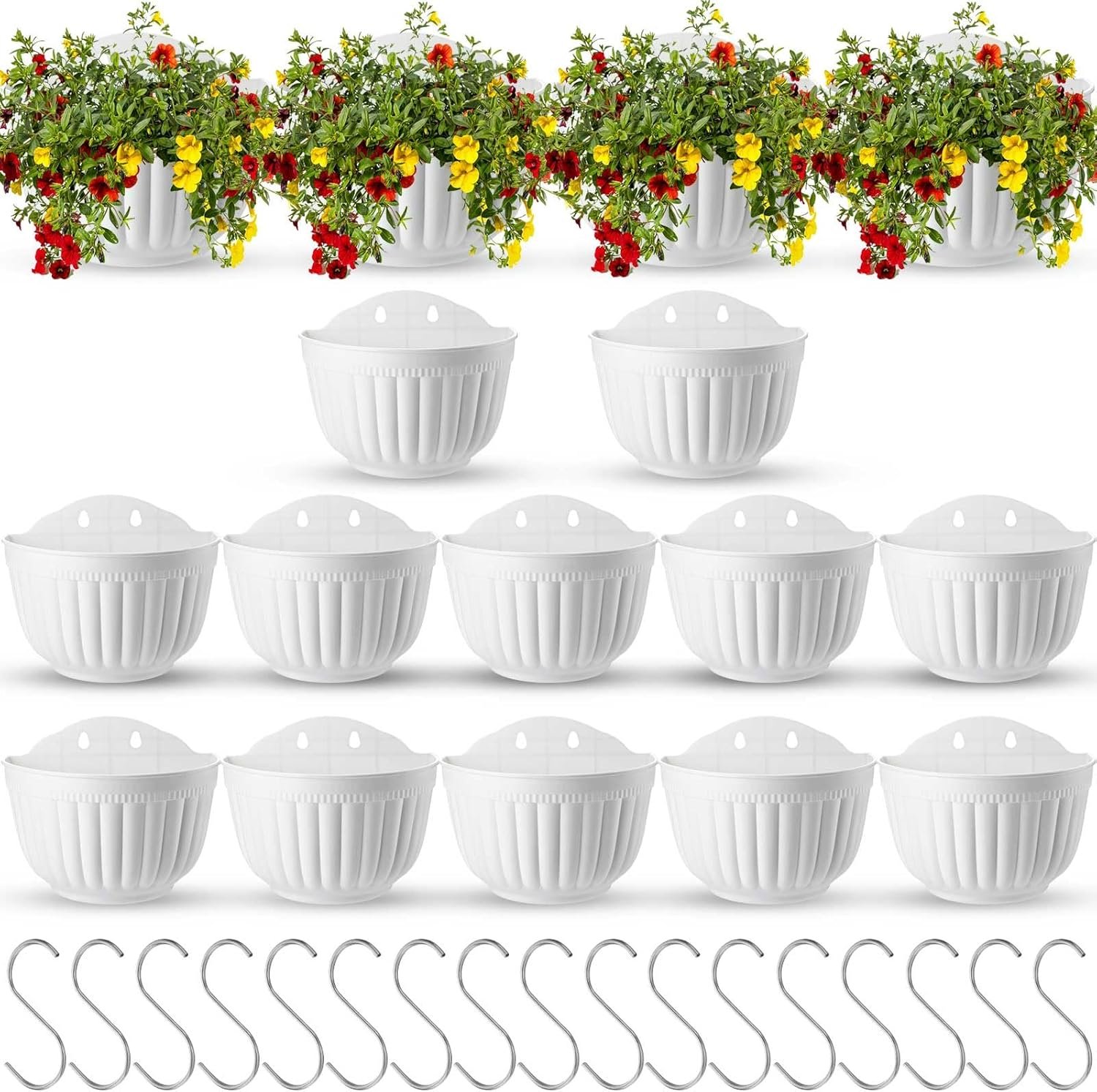 Zubebe 16 Pcs Resin Wall Hanging Planters Vertical Wall Mounted Zubebe 16 Pcs Resin Wall Hanging Planters Vertical Wall Mounted Planters Hanging Flower Pots Fence Planters for Indoor Outdoor Plant Flower Basket Balcony Railing (8.07 x 6.69 x 4.92'')
