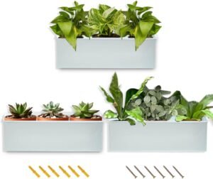 vensovo Metal Hanging Wall Planters Indoor - 12 Inch Large Wall Mount Planter Rectangle Window Planter Box Succulent Flower Pot for Fence Outdoor, White