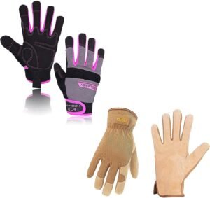 HANDLANDY Bundle - 2 Pairs Utility Mechanic Working Touch Screen Yard Work Gloves, Leather Gardening gloves- Pink, Khaki, Medium