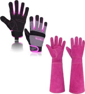 HANDLANDY Bundle - 2 Pairs Utility Mechanic Working Gloves for Women, Long Gardening Yard Gloves - Pink, Rosy, Large