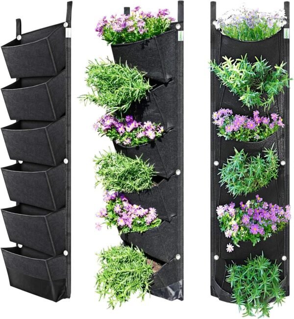 Buyter Vertical Wall Hanging Garden Planter with 6 Pockets Flower Pots Felt Planter Grow Container Bags (Black)