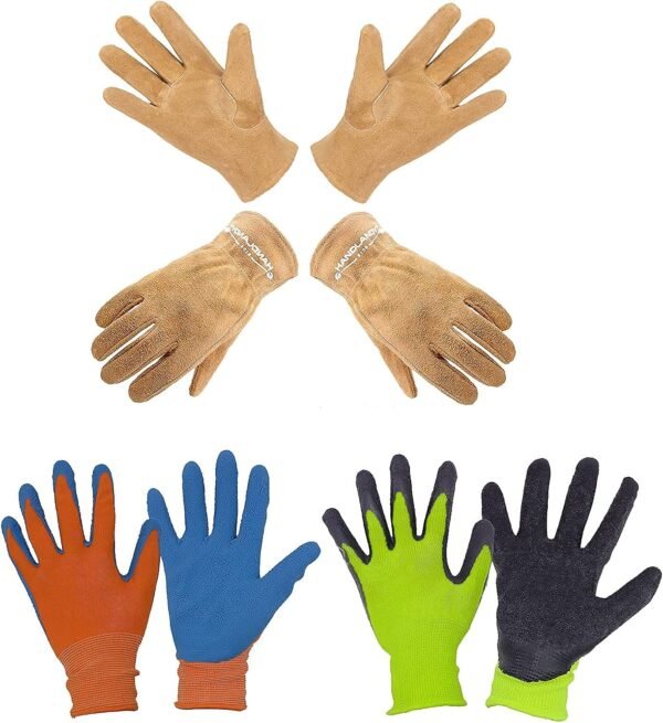 2 Pairs of HANDLANDY Kids Gardening Gloves Foam Rubber Coated, Bundle with 2 Pairs of Kids Leather Gloves for girls boys - Size 3(age5-6), Medium(age5-7)