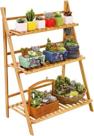 Bamboo Ladder Plant Stand 3-Layer Foldable Flower Pot Display Stand Indoor Outdoor Home Garden Balcony Organizer Flower Pot Stand，