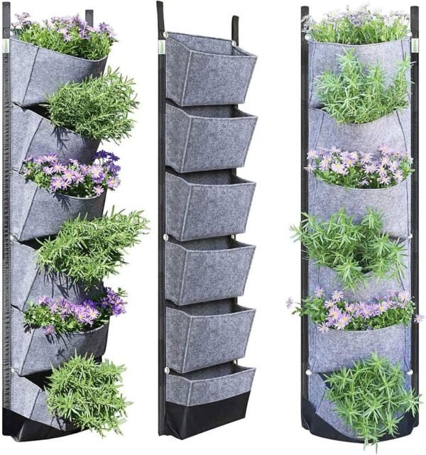 Buyter Vertical Wall Hanging Garden Planter with 6 Pockets Flower Pots Felt Planter Grow Container Bags (Grey)