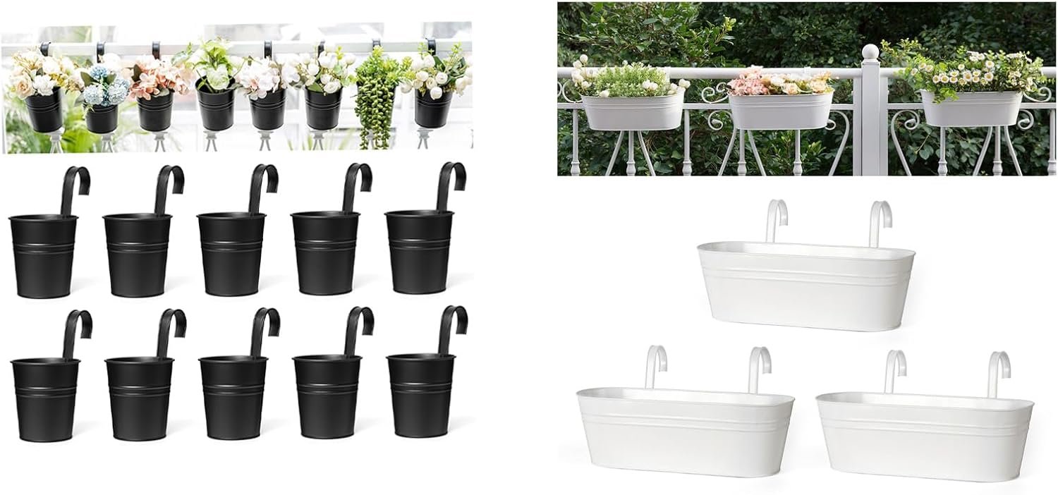 Dahey 10 Pcs 4 Inch and 3 Pcs 15.7 Inch Dahey 10 Pcs 4 Inch and 3 Pcs 15.7 Inch Hanging Flower Pots Metal Iron Bucket Planter for Railing Fence Balcony Garden Home Decoration Flower Holders with Detachable Hooks
