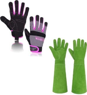 HANDLANDY Bundle - 2 Pairs Utility Mechanic Working Gloves for Women, Long Gardening Yard Gloves - Pink, Green, Medium