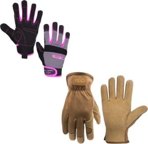 HANDLANDY Bundle - 2 Pairs Utility Mechanic Working Touch Screen Yard Work Gloves, Leather Gardening gloves- Pink, Khaki, Large