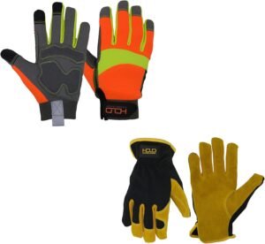 HANDLANDY Cowhide Leather Gardening Gloves & Reflective Anti Vibration Work Gloves