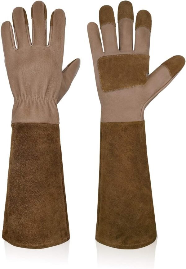 HANDLANDY Long Gardening Gloves for Men & Women, Cowhide Leather Rose Pruning Gloves- Breathable & Durable Gauntlet Gloves (Medium, Brown)