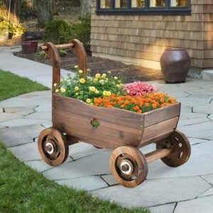 LDAILY Moccha Wood Wagon Planter, Rustic Flower Cart with Wheels, 2 Drainage Holes, Handle, Mobile Flower Pot Stand, Raised Garden Bed for Indoor Outdoor Backyard Balcony Patio Decoration