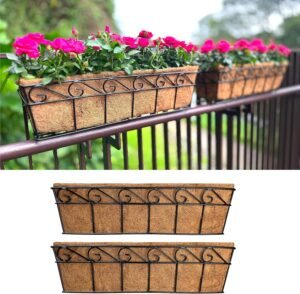 LaLaGreen Large Window Flower Boxes - 2 Pack, 24 Inch Balcony Planter, Deck Railing Planters with Coco Liners Outdoor Wall Pot Plant Holder, Black Metal Horse Trough Fence Patio Porch Over Rail Decor