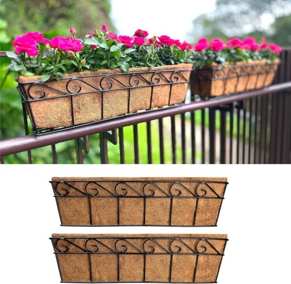 LaLaGreen Large Window Flower Boxes - 2 Pack, 24 Inch Balcony Planter, Deck Railing Planters with Coco Liners Outdoor Wall Pot Plant Holder, Black Metal Horse Trough Fence Patio Porch Over Rail Decor