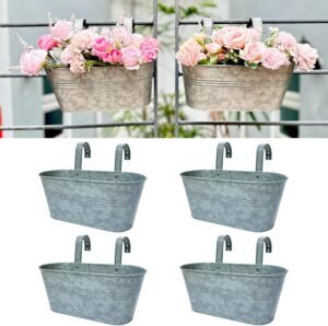 LaLaGreen Outdoor Rail Planter (4 Pack, 11.2 Inch) Silver Metal Iron Hanging Flower Pots Deck Railings Fence Buckets Modern Countryside Boho Style Wall Mount Window Box Plant Holder Hooks Porch Decor