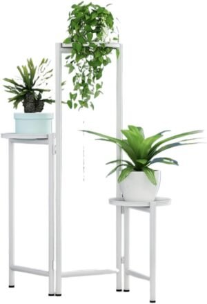 Potted Holder Rack 3 Tier Plant Shelves Indoor Foldable Flower Pots Stand Holder Modern Plant Stand Rack Patio Office Corner Balcony(White)