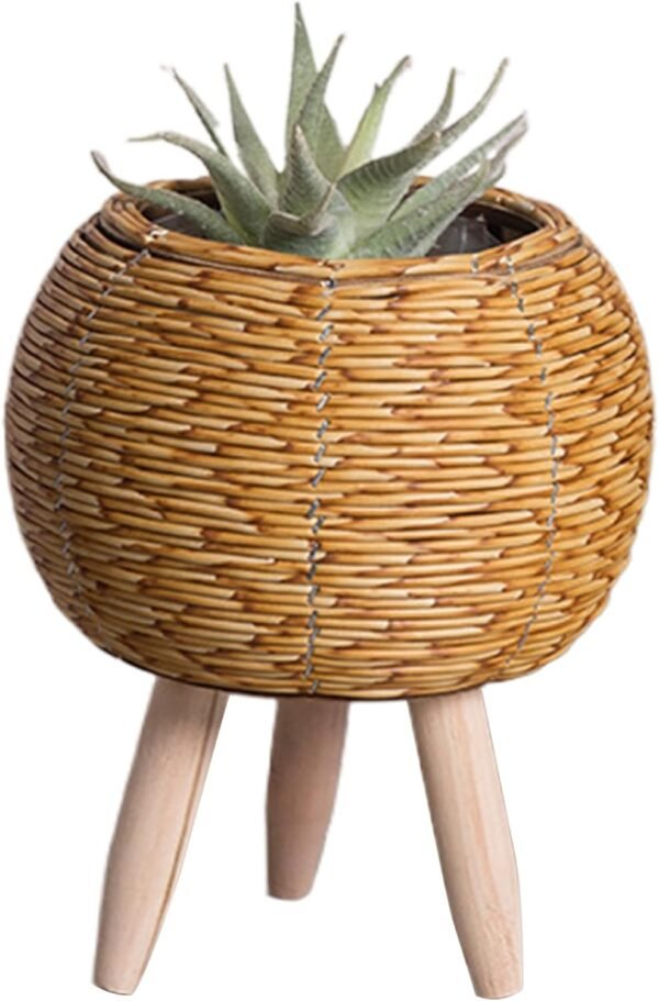 Rattan Plant Stand, Plant Pot with Legs, 3.9'' Rustic Wicker Plant Stand, Small Planter Holder, Standing Plant Pot for Balcony Apartment Drawing Room Desktop Decor, Wicker Plant Stand