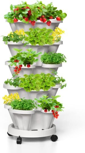 Strawberry Vertical Planters, 5 Tiered Stacking Tower Garden, Stackable Herb Vegetable Planters with Movable Casters and Bottom Saucer Indoor and Outdoor - White