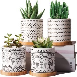 Succulent Pots, 4 Pack Ceramic Planters with Drainage Hole, Boho Original Design Flower Pots for Indoor Plants, Aloe, Cactus, Home Office Decor