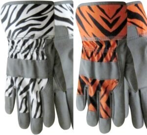 ZooHands Youth Gardening Gloves, Leather Palm, 2 Pair Pack, Tiger & Zebra Print (Small Ages 3-6)